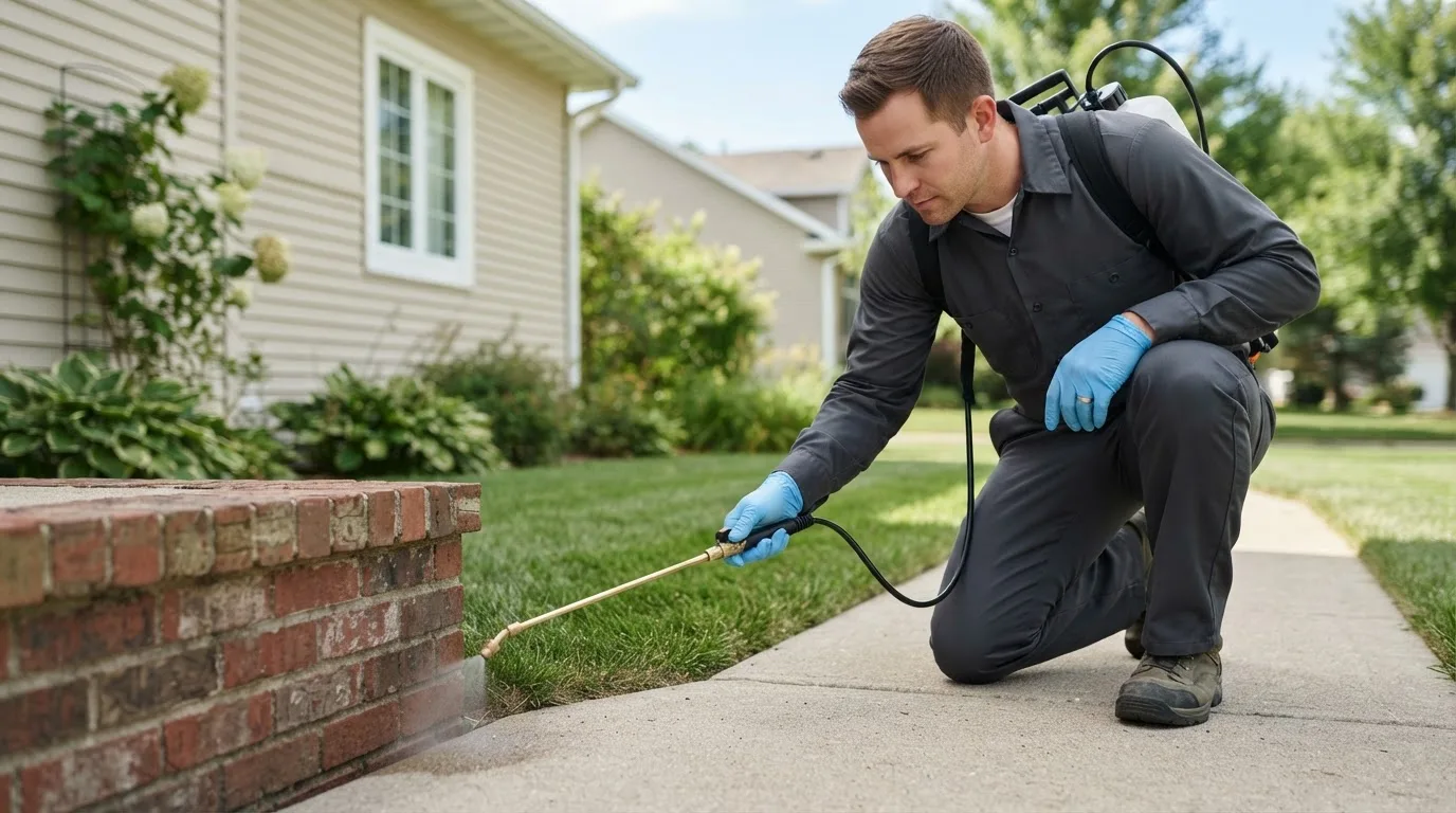 Pest control technician treating a home near Baltic, CT
